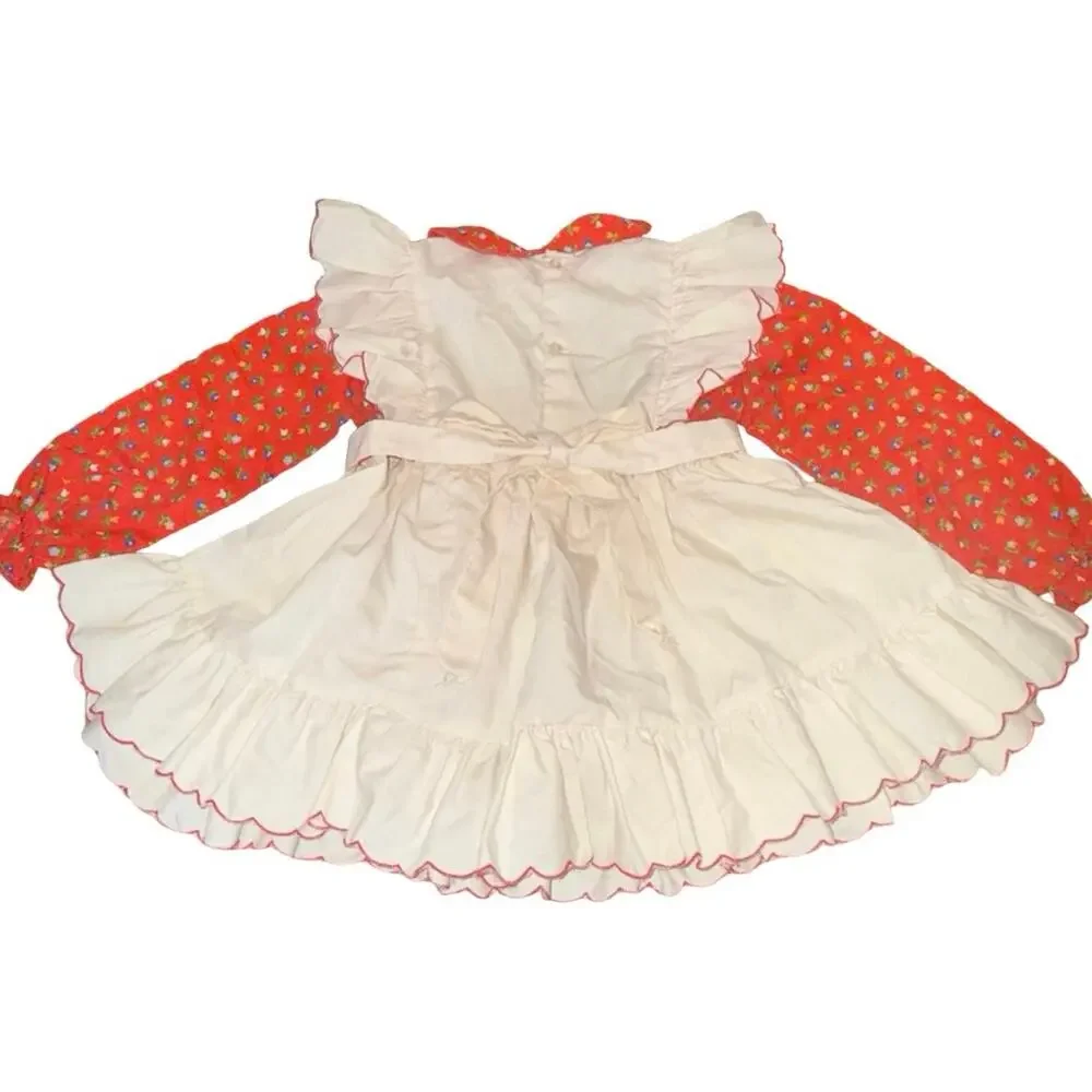 90s Vintage Nannette Prairie Dress 3T Red Floral White Apron Ruffle Cottagecore